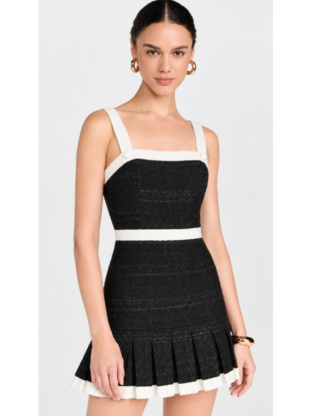 Alice + Olivia Clarine Tweed Pleated Mini Dress Black Cream Size 0 $495